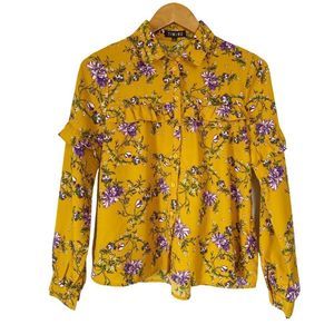 TIMING Mustard Yellow Floral Ruffle Long Sleeve Button Up Shirt